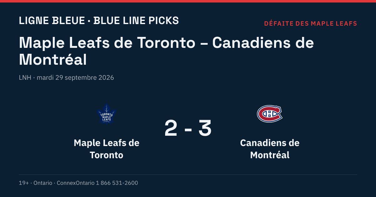 Maple Leafs de Toronto – Canadiens de Montréal, LNH, saison régulière 2026-27, mardi 29 septembre 2026, 19 h 00 (heure de l'Est)
