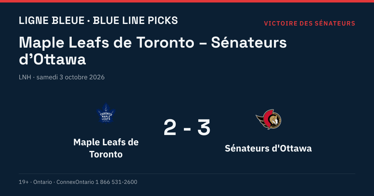 Maple Leafs de Toronto – Sénateurs d'Ottawa, LNH, saison régulière 2026-27, samedi 3 octobre 2026, 19 h 00 (heure de l'Est)