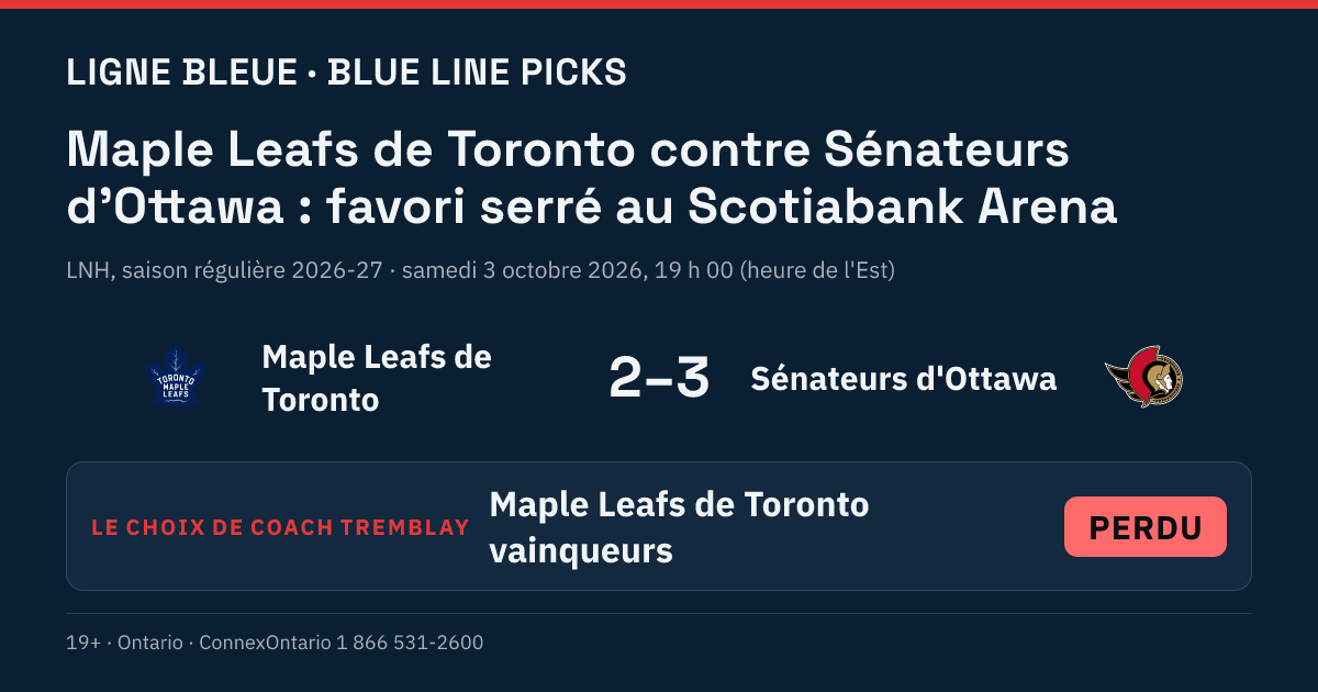 Maple Leafs de Toronto vs Sénateurs d'Ottawa - Maple Leafs de Toronto vainqueurs