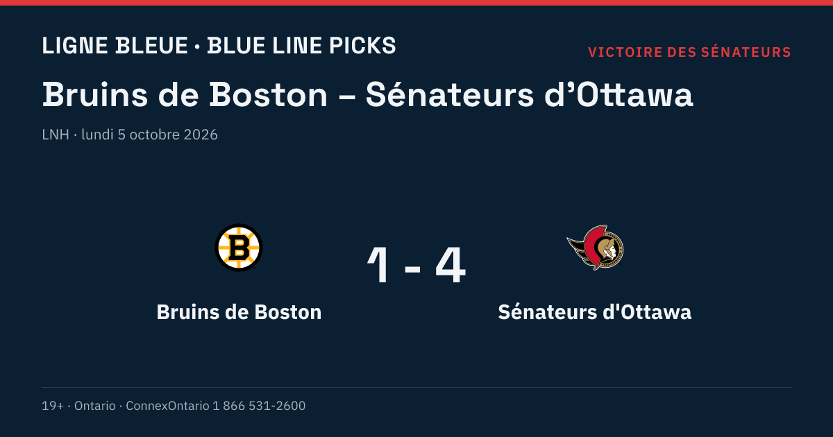Bruins de Boston – Sénateurs d'Ottawa, LNH, saison régulière 2026-27, lundi 5 octobre 2026, 19 h 30 (heure de l'Est)
