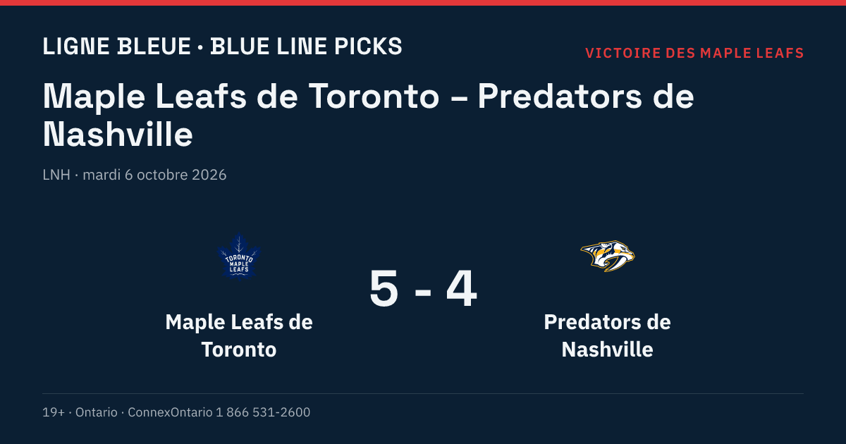 Maple Leafs de Toronto – Predators de Nashville, LNH, saison régulière 2026-27, mardi 6 octobre 2026, 19 h 00 (heure de l'Est)