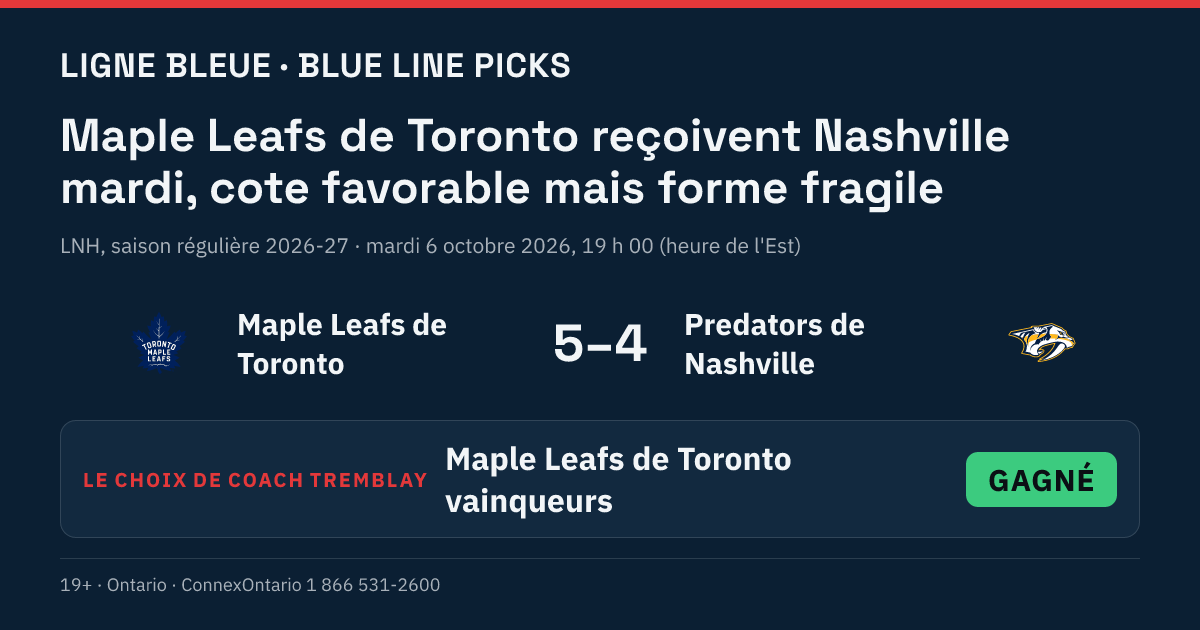 Maple Leafs de Toronto vs Predators de Nashville - Maple Leafs de Toronto vainqueurs
