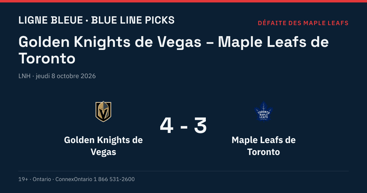 Golden Knights de Vegas – Maple Leafs de Toronto, LNH, saison régulière 2026-27, jeudi 8 octobre 2026, 22 h 00 (heure de l'Est)