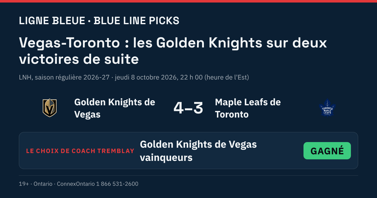 Golden Knights de Vegas vs Maple Leafs de Toronto - Golden Knights de Vegas vainqueurs