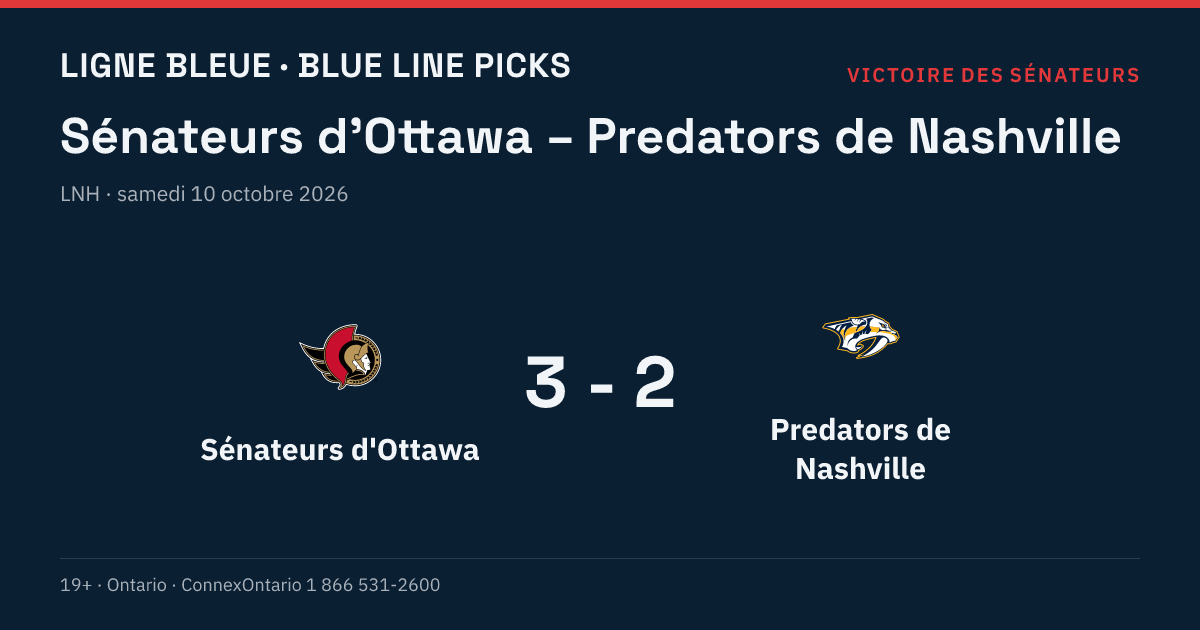Sénateurs d'Ottawa – Predators de Nashville, LNH, saison régulière 2026-27, samedi 10 octobre 2026, 19 h 00 (heure de l'Est)