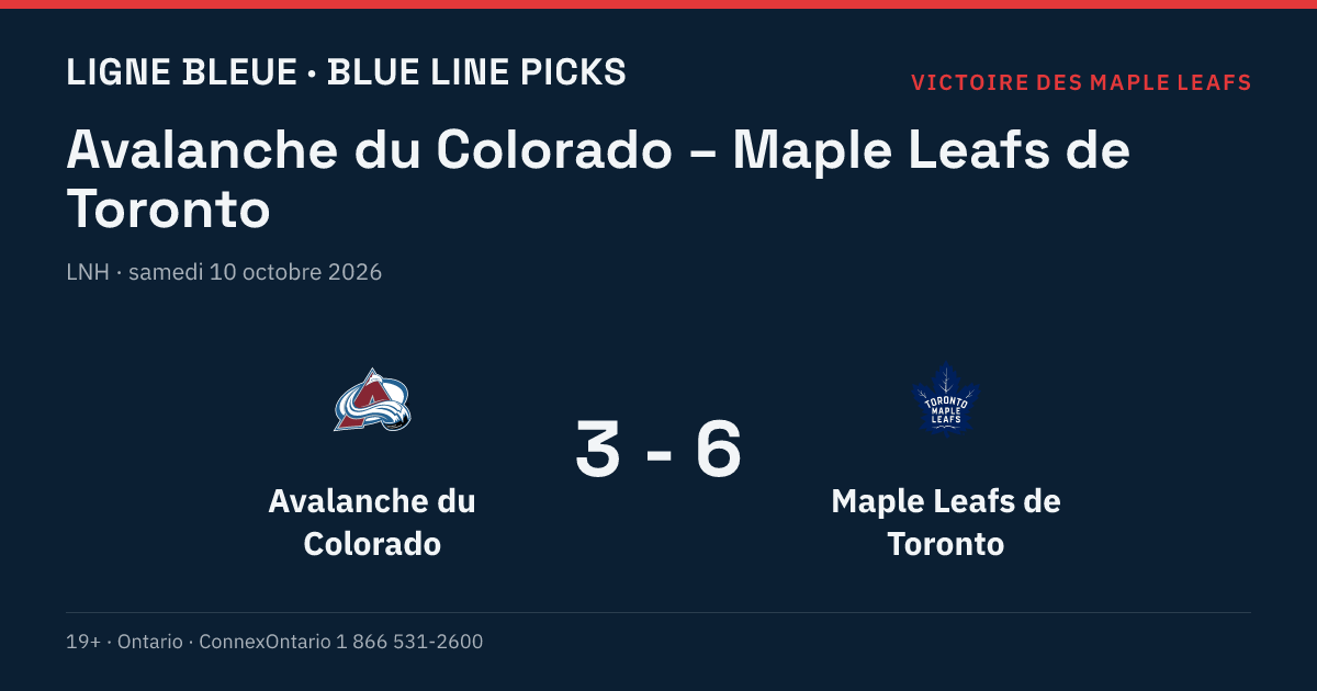 Avalanche du Colorado – Maple Leafs de Toronto, LNH, saison régulière 2026-27, samedi 10 octobre 2026, 19 h 00 (heure de l'Est)