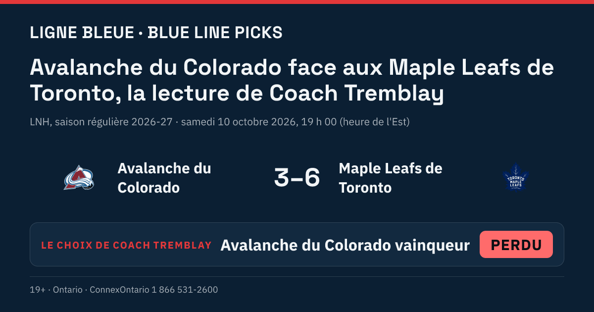Avalanche du Colorado vs Maple Leafs de Toronto - Avalanche du Colorado vainqueur
