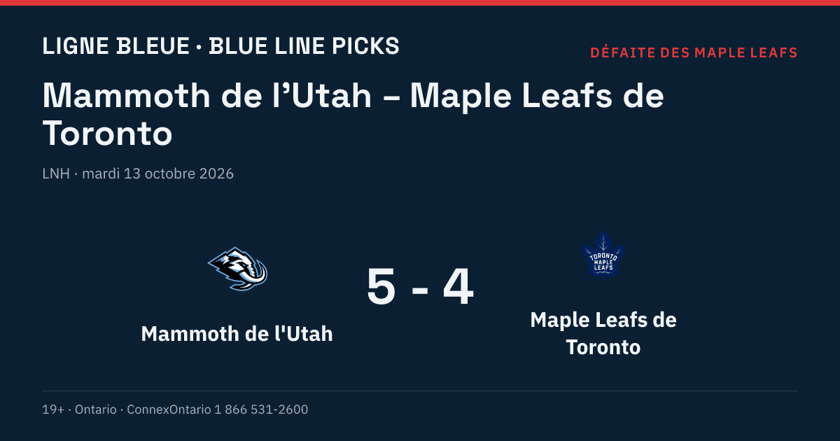 Mammoth de l'Utah – Maple Leafs de Toronto, LNH, saison régulière 2026-27, mardi 13 octobre 2026, 21 h 00 (heure de l'Est)