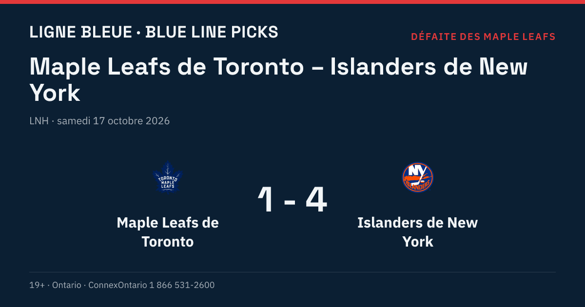 Maple Leafs de Toronto – Islanders de New York, LNH, saison régulière 2026-27, samedi 17 octobre 2026, 19 h 00 (heure de l'Est)