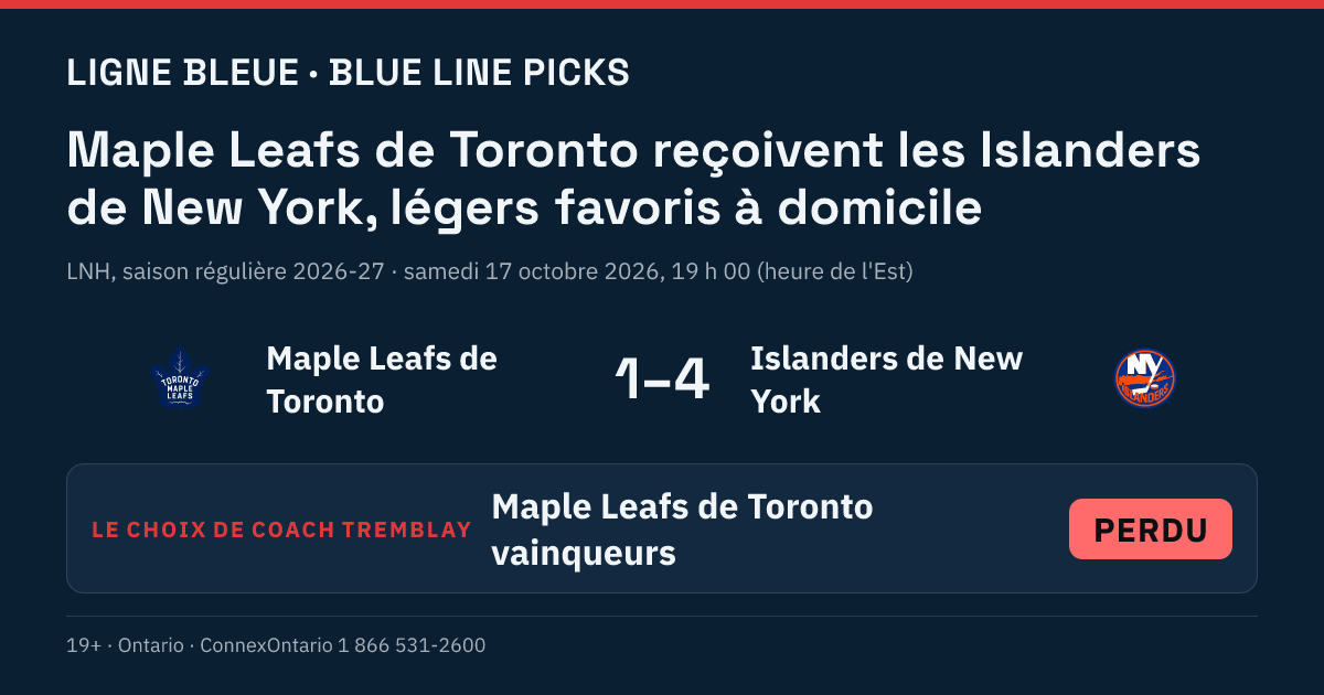 Maple Leafs de Toronto vs Islanders de New York - Maple Leafs de Toronto vainqueurs