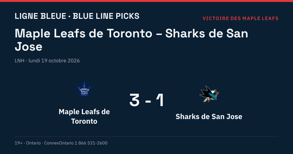 Maple Leafs de Toronto – Sharks de San Jose, LNH, saison régulière 2026-27, lundi 19 octobre 2026, 19 h 30 (heure de l'Est)