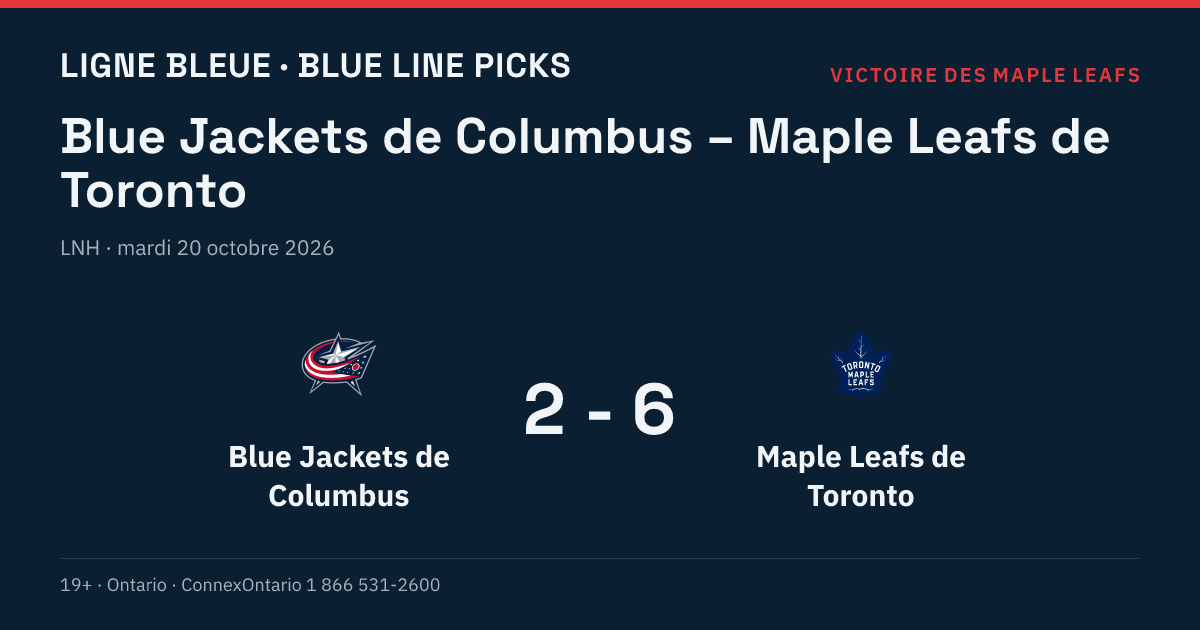Blue Jackets de Columbus – Maple Leafs de Toronto, LNH, saison régulière 2026-27, mardi 20 octobre 2026, 19 h 00 (heure de l'Est)