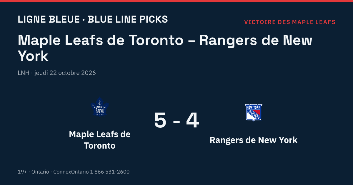 Maple Leafs de Toronto – Rangers de New York, LNH, saison régulière 2026-27, jeudi 22 octobre 2026, 19 h 00 (heure de l'Est)