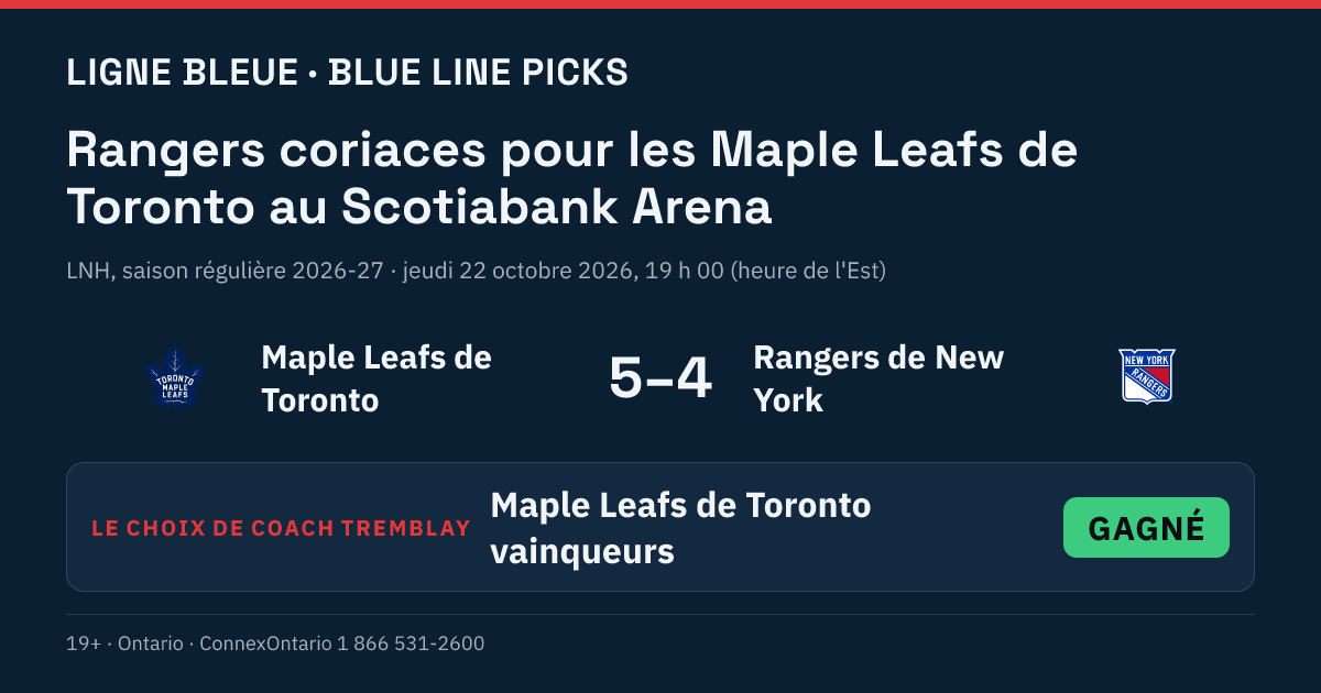 Maple Leafs de Toronto vs Rangers de New York - Maple Leafs de Toronto vainqueurs