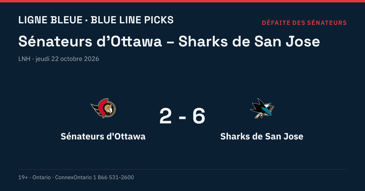Sénateurs d'Ottawa – Sharks de San Jose, LNH, saison régulière 2026-27, jeudi 22 octobre 2026, 19 h 00 (heure de l'Est)