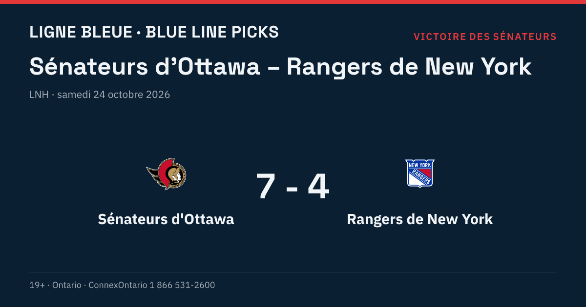 Sénateurs d'Ottawa – Rangers de New York, LNH, saison régulière 2026-27, samedi 24 octobre 2026, 19 h 00 (heure de l'Est)