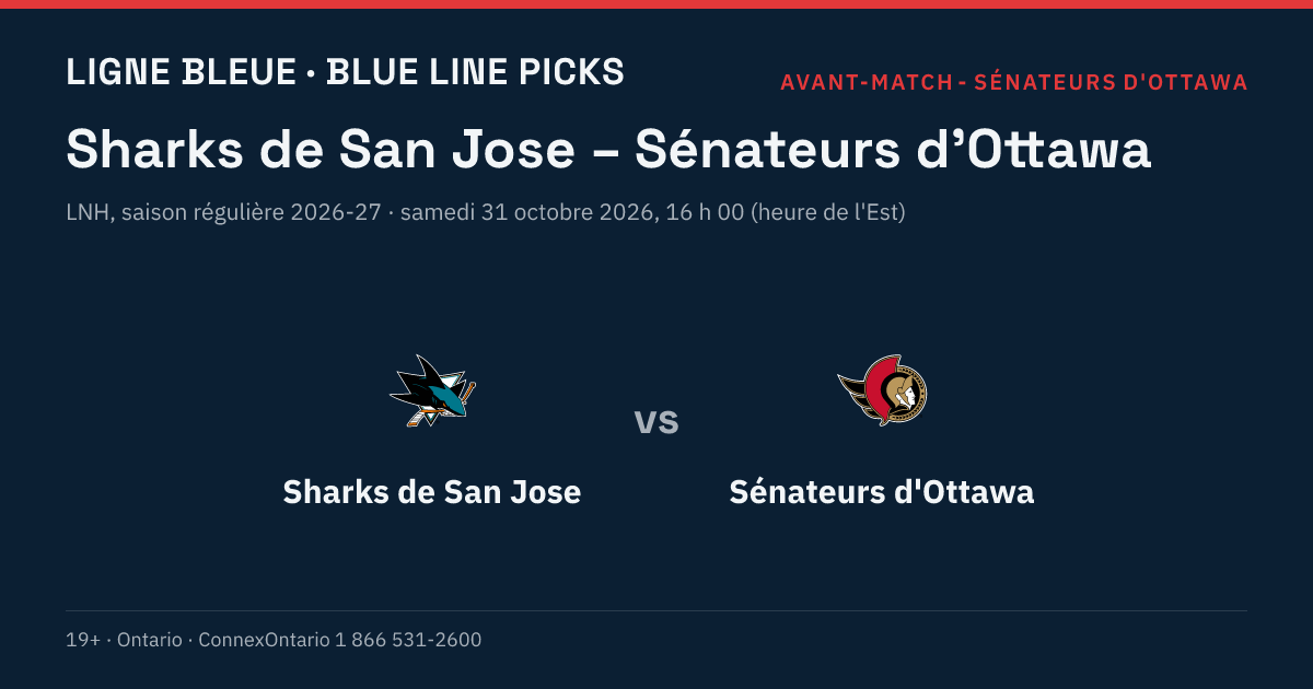 Sharks de San Jose – Sénateurs d'Ottawa, LNH, saison régulière 2026-27, samedi 31 octobre 2026, 16 h 00 (heure de l'Est)
